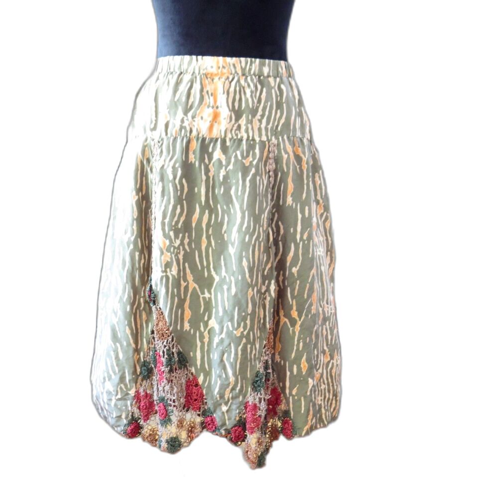 Hale Bob Vintage Y2K Boho Silk Skirt w/Crochet insets Olive/Orange M EUC - Picture 1 of 7